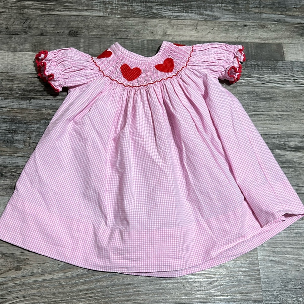 Anavini Dress Hand Smocked pink plaid Dress with red Embroidered hearts 6m